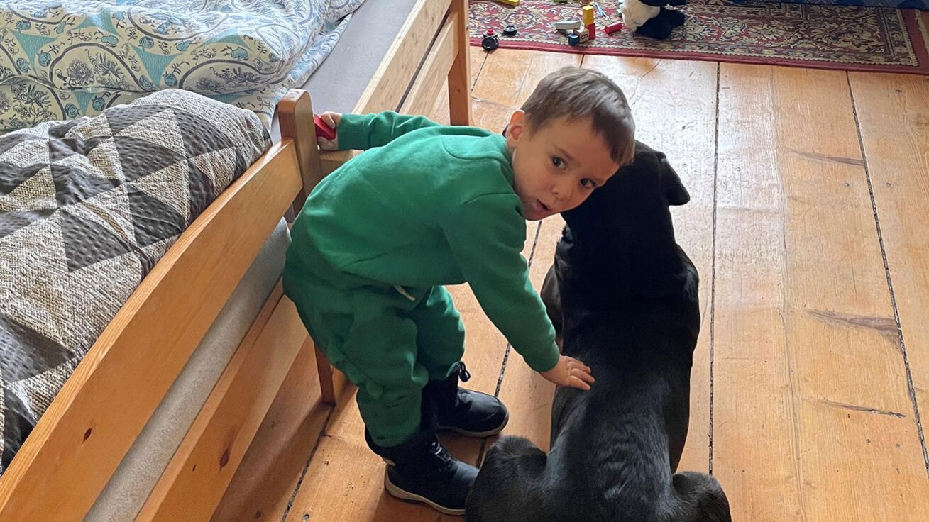 image:Image Pes Jantar, patřící faráři v Dolním Újezdu u Litomyšle Adamovi Grabiecovi, přijal uprchlíky za své a tráví s nimi čas. Přirozenou formou canisterapie tak především děti mohou na chvíli zapomenout na to, co v minulých dnech prožily.