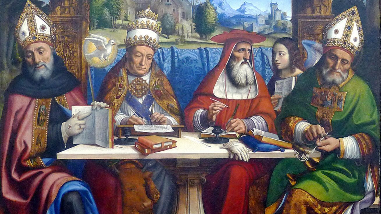 image:Image Pier Francesco Sacchi (cca 1485–1528): Učitelé církve, 1516, malba na topolové desce. Na malbě jsou zobrazeni čtyři učitelé s atributy evangelistů: Augustin s orlem, Řehoř I. Veliký s holubicí u ucha, Jeroným s andělem a Ambrož se lvem.