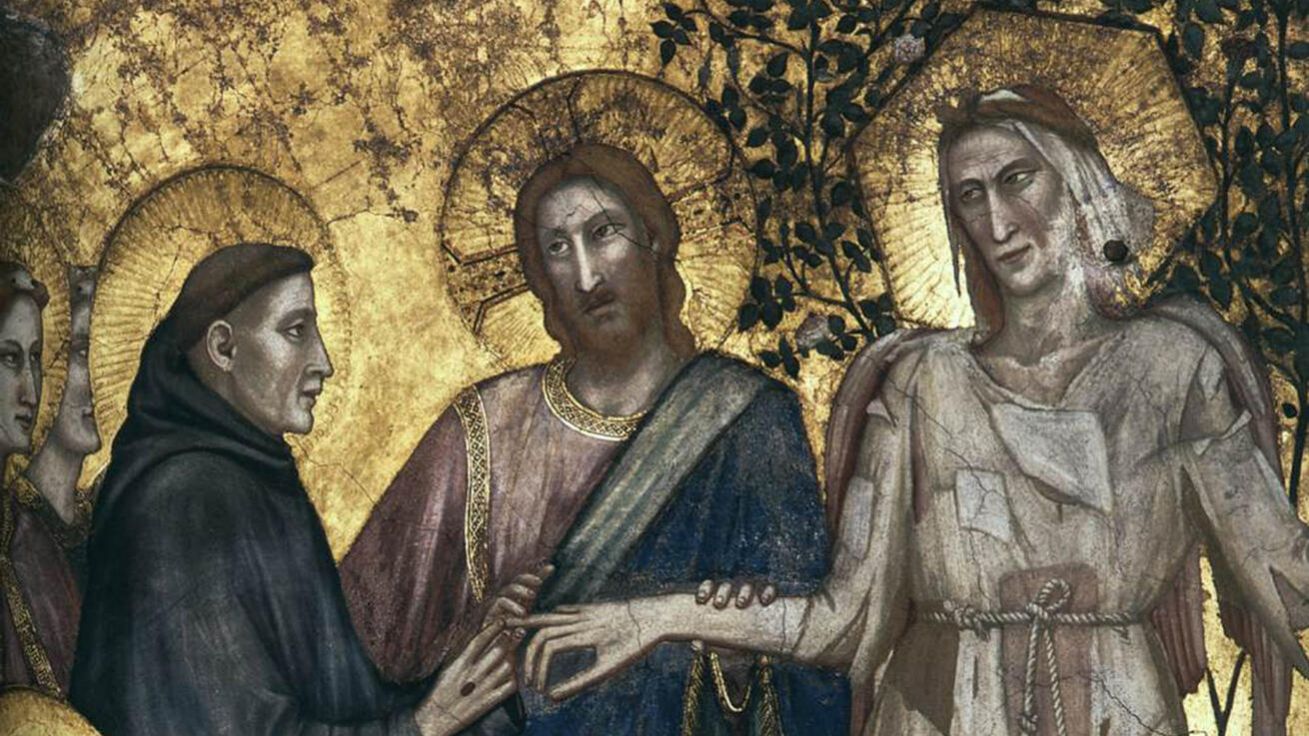 image:Image Giotto di Bondone (1267–1337): Františkovo zasnoubení s paní Chudobou. František svým druhům vždy opakoval, že chudoba je základem jeho řádu.