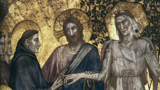 image:Image Giotto di Bondone (1267–1337): Františkovo zasnoubení s paní Chudobou. František svým druhům vždy opakoval, že chudoba je základem jeho řádu.