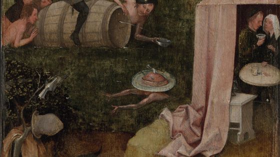 image:Image Výtvarná díla zobrazující lidské hříchy a neřesti se začala objevovat už ve středověku. Na snímku obraz Hieronyma Bosche s názvem Alegorie obžerství, na kterém malíř pracoval mezi lety 1495 až 1500. Dnes je vystaven v Galerii univerzity v Yale (USA).