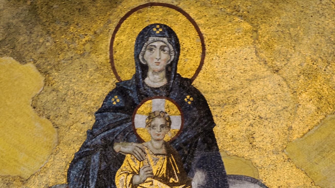 image:Image „Maria je nám dárkyní všeho dobra. V ní se Bůh stal člověkem a člověk se stává Bohem“ (Jan z Damašku). Na snímku mozaika Matky Boží – Theotokos z byzantského chrámu Hagia Sofia v Konstantinopoli (dnešní Istanbul).