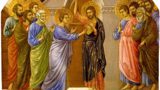 image:Image Duccio di Buoninsegna: Nevěřící Tomáš, 1311, původně součást deskového obrazu Trůnící Madony z hlavního oltáře katedrály Panny Marie v italské Sieně.