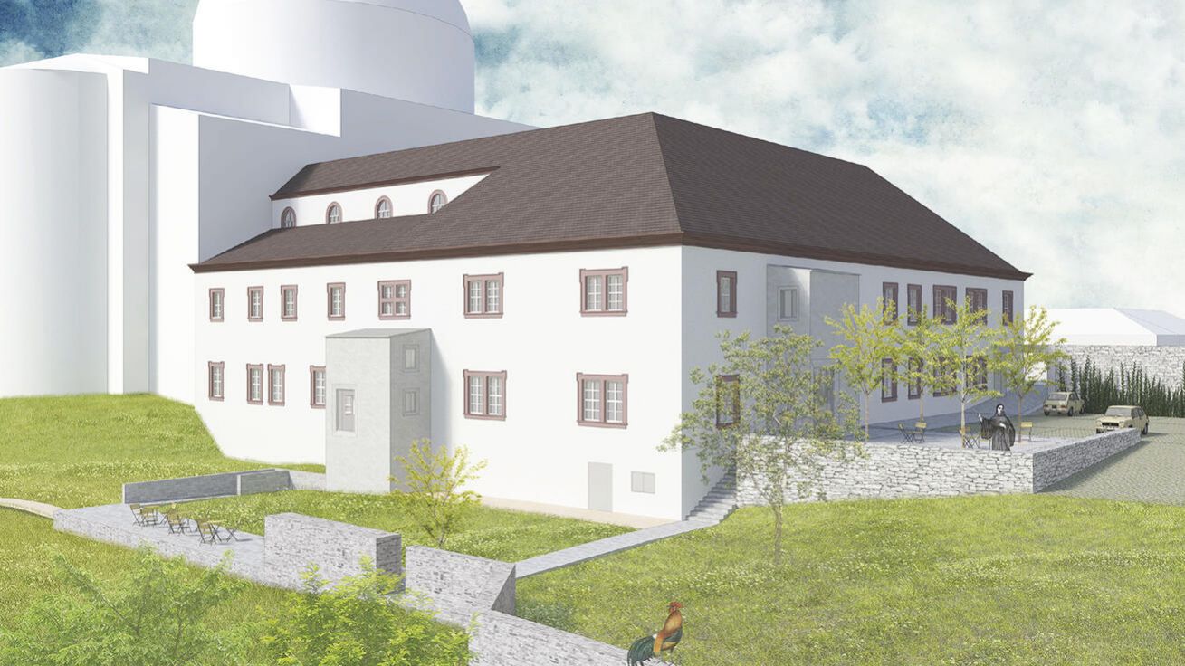 image:Image Návrh rekonstrukce kláštera přiléhajícího k bazilice (naznačena bíle) při pohledu ze zahrady.