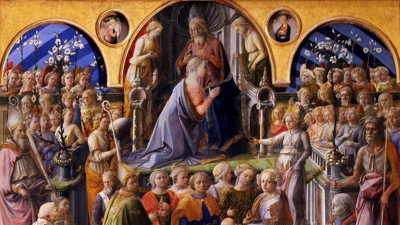 image:Image Katolíci i pravoslavní titulují Pannu Marii také jako Královnu nebes. Na snímku obraz Filippa Lippiho (1406–1469) Korunování Panny Marie, Galerie Uffizi ve Florencii.
