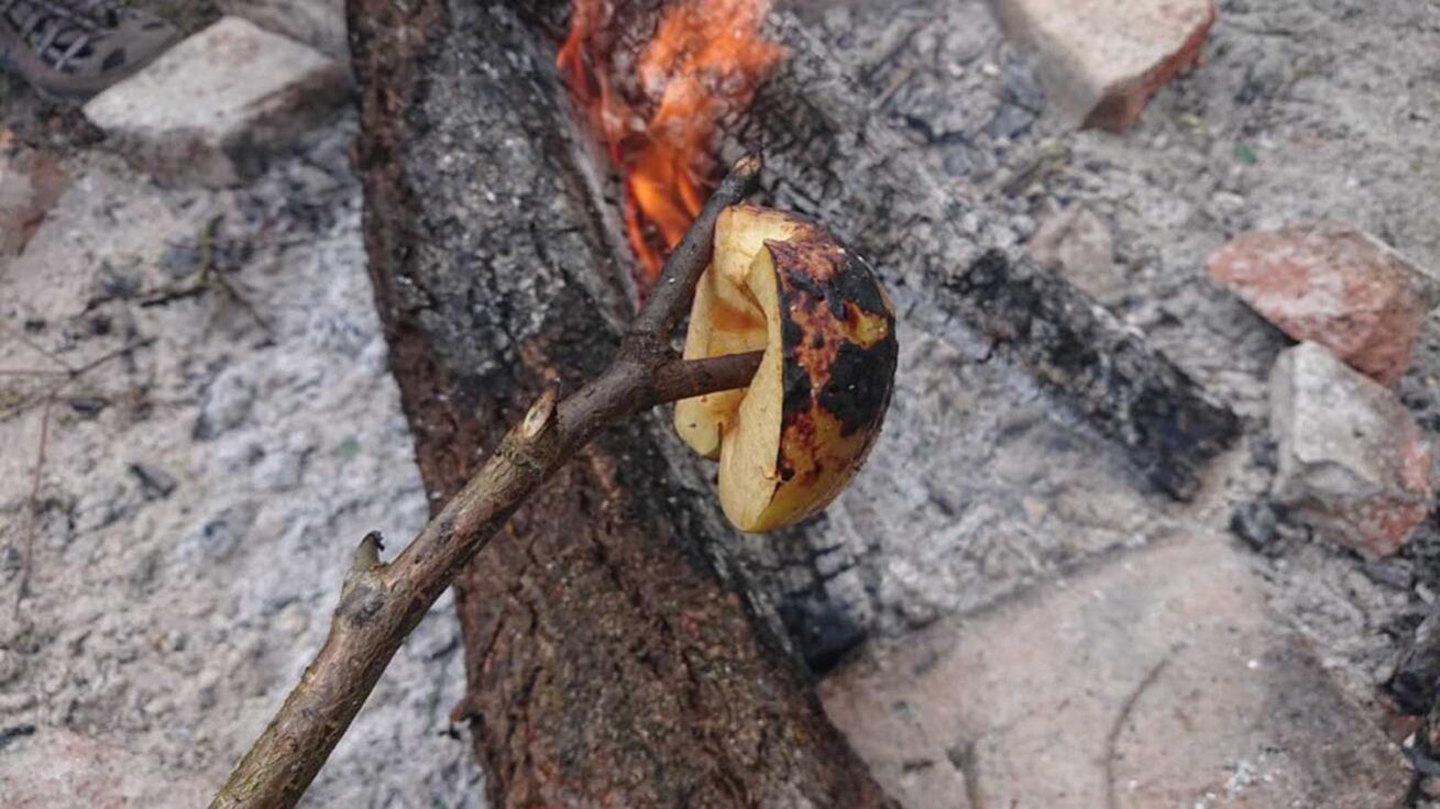 image:Image Chvíle, kdy nám bylo dobře: pár šutrů kolem ohně a opékané jablko na klacku.