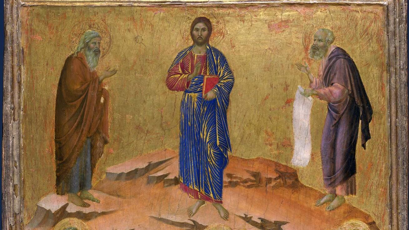 Duccio di Buoninsegna (1255–1319): Proměnění Páně (tempera na desce, 1308–1311, Národní galerie v Londýně). image:Image Duccio di Buoninsegna (1255–1319): Proměnění Páně (tempera na desce, 1308–1311, Národní galerie v Londýně).