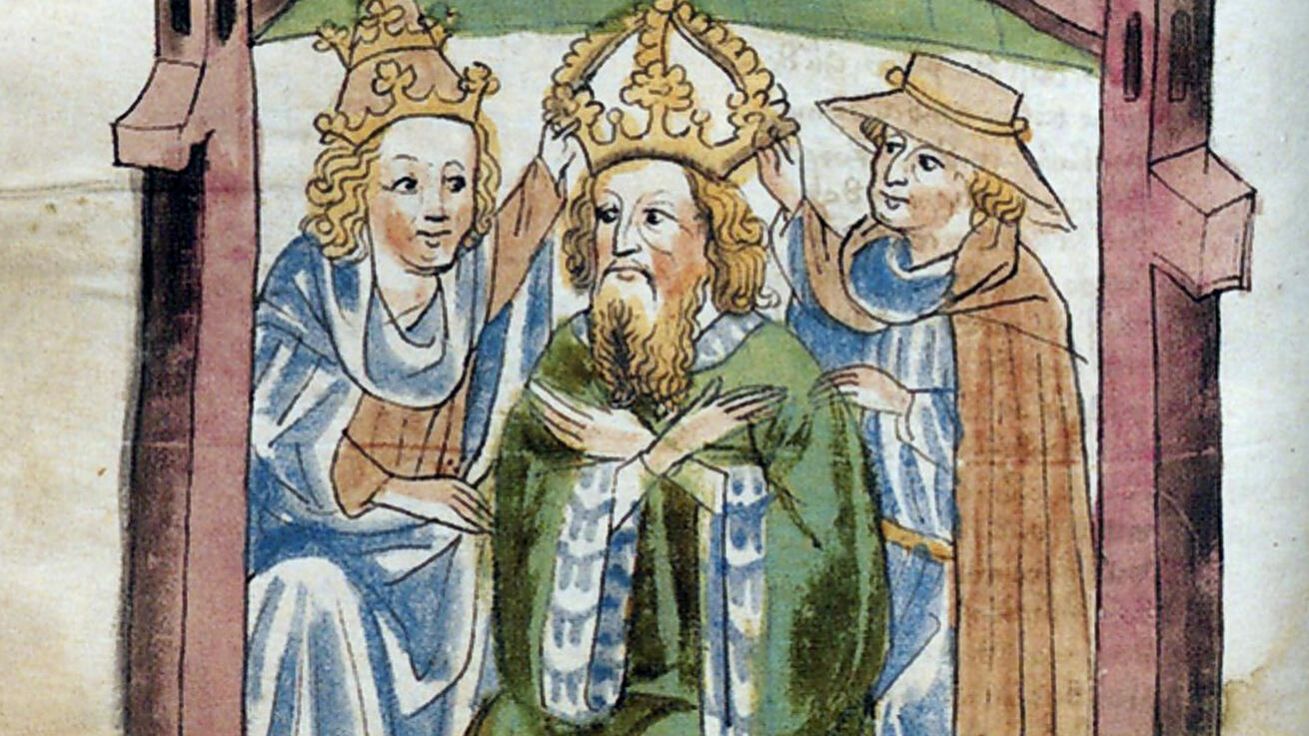 Korunovace Zikmunda Lucemburského císařem v římské bazilice sv. Petra v roce 1433. Vlevo je zobrazen papež Evžen IV. image:Image Korunovace Zikmunda Lucemburského císařem v římské bazilice sv. Petra v roce 1433. Vlevo je zobrazen papež Evžen IV.