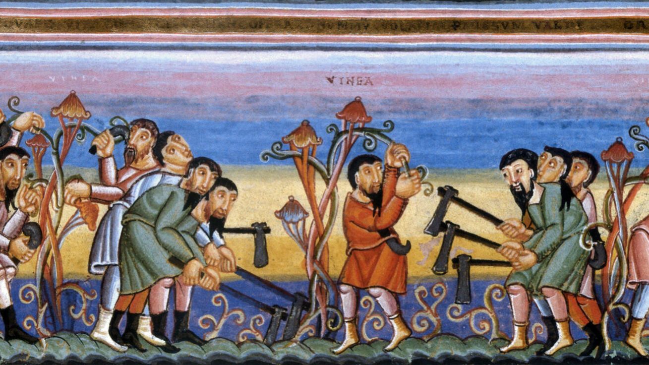 image:Image Dělníci na vinici: Evangeliář z benediktinského opatství v Echternachu, mezi lety 1030–1050, Knihovna Národního muzea v Norimberku, Německo