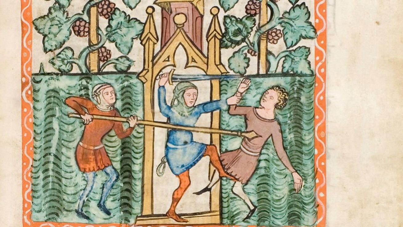 image:Image Lakotní vinaři neušetřili ani hospodářova syna (Speculum Humanae Salvationis, ilustrované dílo pozdního středověku s výjevy ze Starého i Nového zákona, kol. 1360, Univerzitní a státní knihovna v Darmstadtu, Německo).