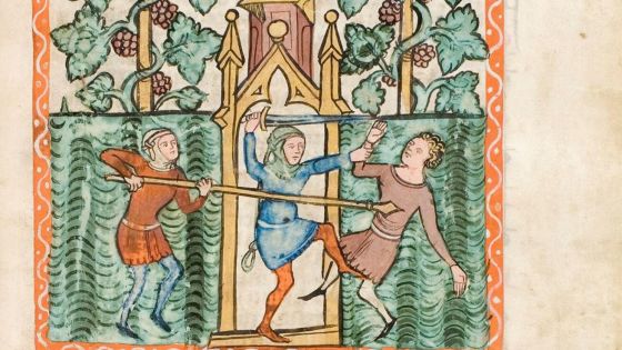 image:Image Lakotní vinaři neušetřili ani hospodářova syna (Speculum Humanae Salvationis, ilustrované dílo pozdního středověku s výjevy ze Starého i Nového zákona, kol. 1360, Univerzitní a státní knihovna v Darmstadtu, Německo).