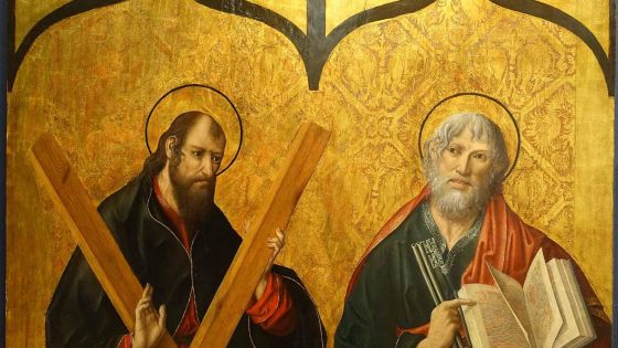image:Image „Jeden z těch dvou učedníků, kteří to od Jana slyšeli a šli za ním, byl Ondřej, bratr Šimona Petra...“ (Fernando Gallego, 1440–1507: sv. Ondřej a sv. Petr, olej na desce, Muzeum umění Arizonské univerzity, Tuscon, USA).