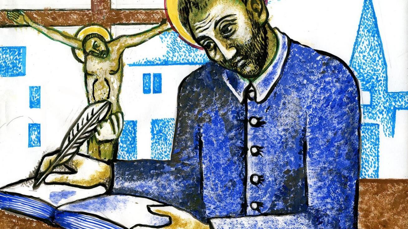 image:Image Atributy sv. Alfonse jsou anděl, psací náčiní, obraz P. Marie či růženec nebo misijní kříž.