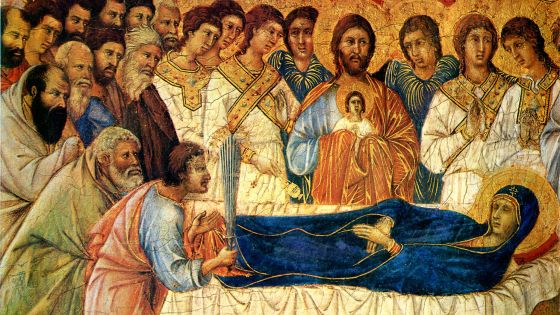 image:Image Duccio di Buoninsegna (kol. 1255–1319): Smrt Panny Marie. Autor byl zakladatel sienské malířské školy. Na nejstarších vyobrazeních konce Mariina pozemského života bere Kristus do náruče duši své milované Matky. Ta je znázorněna jako malé děvčátko zavinuté do plének, stejně jako bylo Kristovo tělo v betlémských jeslích.