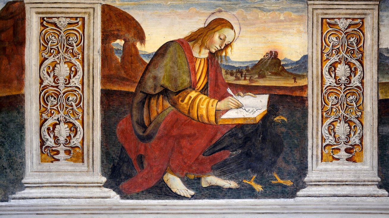 image:Image Svatý Jan Evangelista, nástěnná malba, klášter sv. Benedikta, Opatství Subiaco. Itálie.