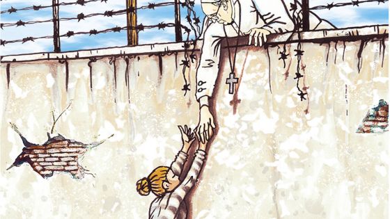 image:Image Na druhé Maupalově ilustraci k postní době papež František pomáhá lidem na cestě ke svobodě.
