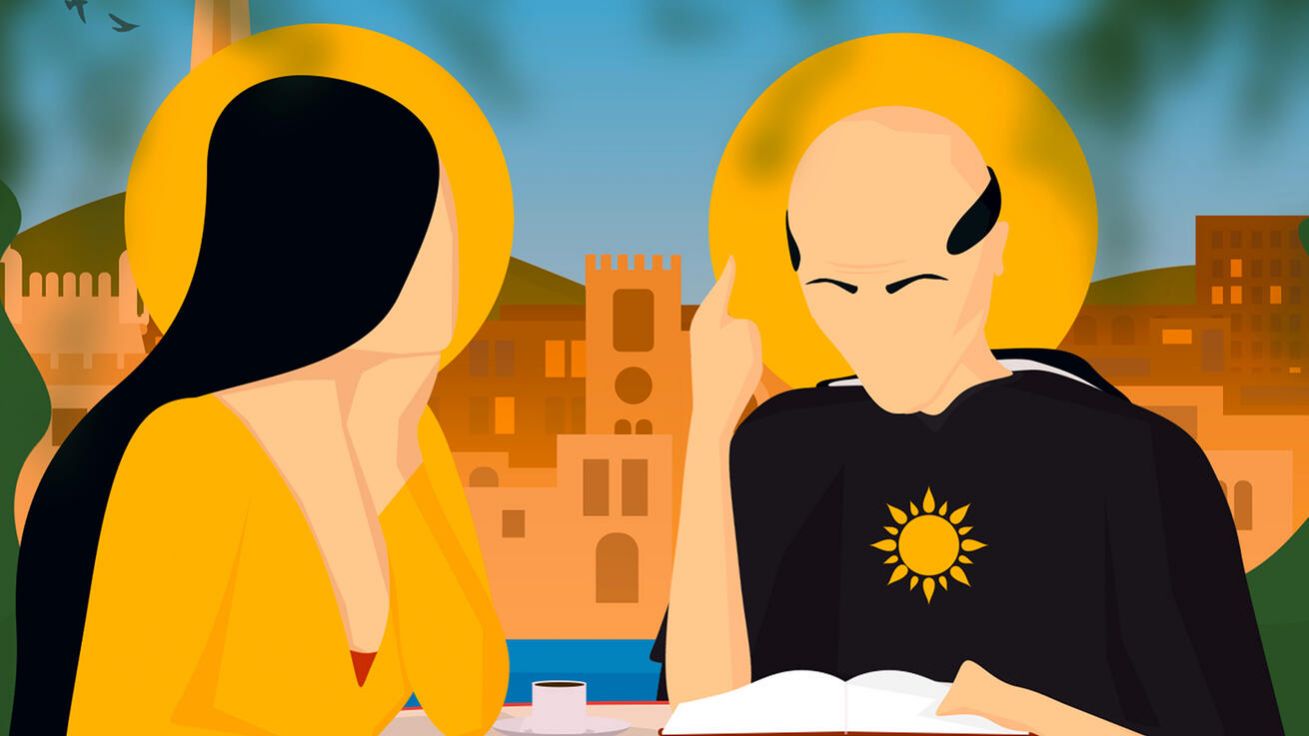 image:Image Sv. Tomáš Akvinský (1225–1274) může být bratrem a učitelem všech, kdo se nebojí klást nepohodlné otázky. Takto ho v dialogu s Máří Magdalénou zobrazila grafika na dominikánském programu Světových dnů mládeže.