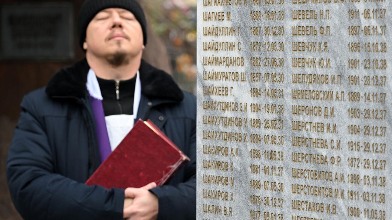 image:Image Katolický kněz vede modlitbu u pomníku obětí stalinismu na Archandělském hřbitově v Kazani (v ruské republice Tatarstán) v říjnu 2023.