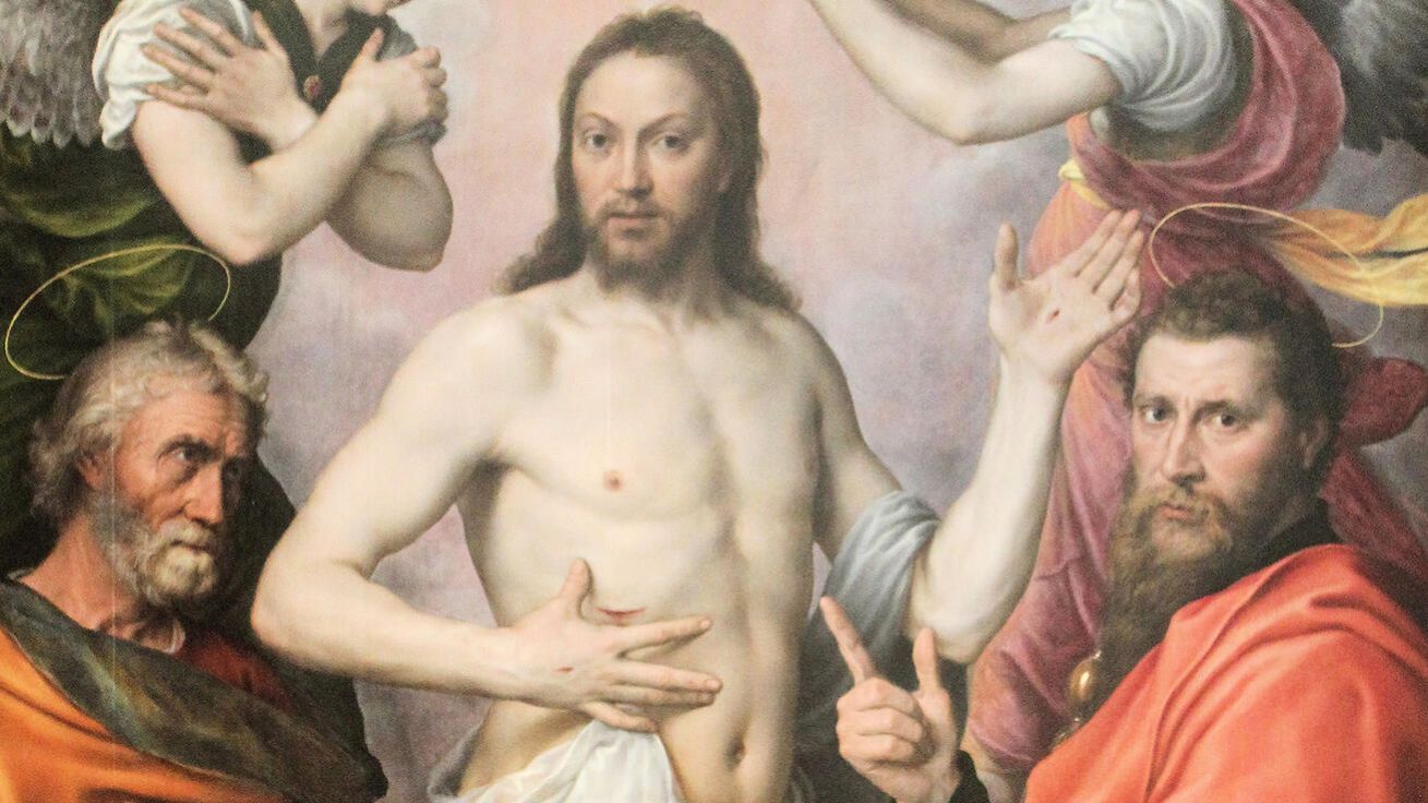 image:Image Antonis Mor: Vzkříšený Kristus s apoštoly Petrem a Pavlem (kol. 1556, olej na plátně, Muzeum Condéů, zámek v Chantilly, Francie)