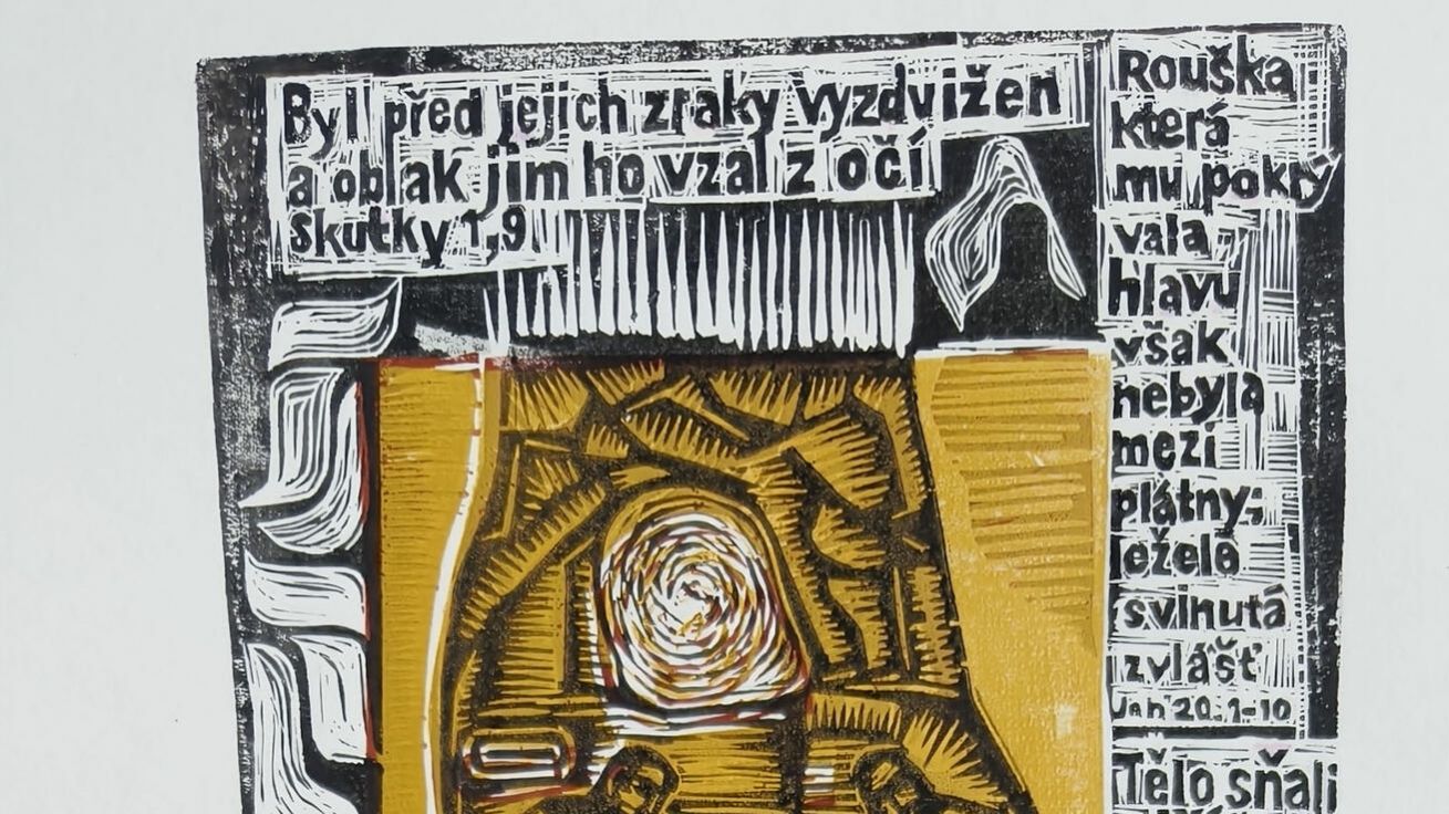 image:Image Linoryt „Cesta lněného plátna“ inspirovaný postní úvahou biskupa Stanislava Přibyla, která vyšla v Katolickém týdeníku.