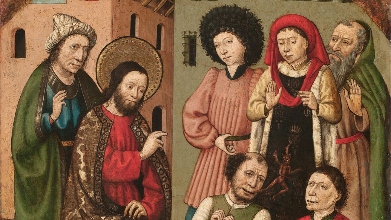 image:Image Svatobartolomějský mistr: Svatý Bartoloměj vyhání zlé duchy, tempera na desce, mezi 1440 až 1460, Národní muzeum katalánského umění, Barcelona, Španělsko