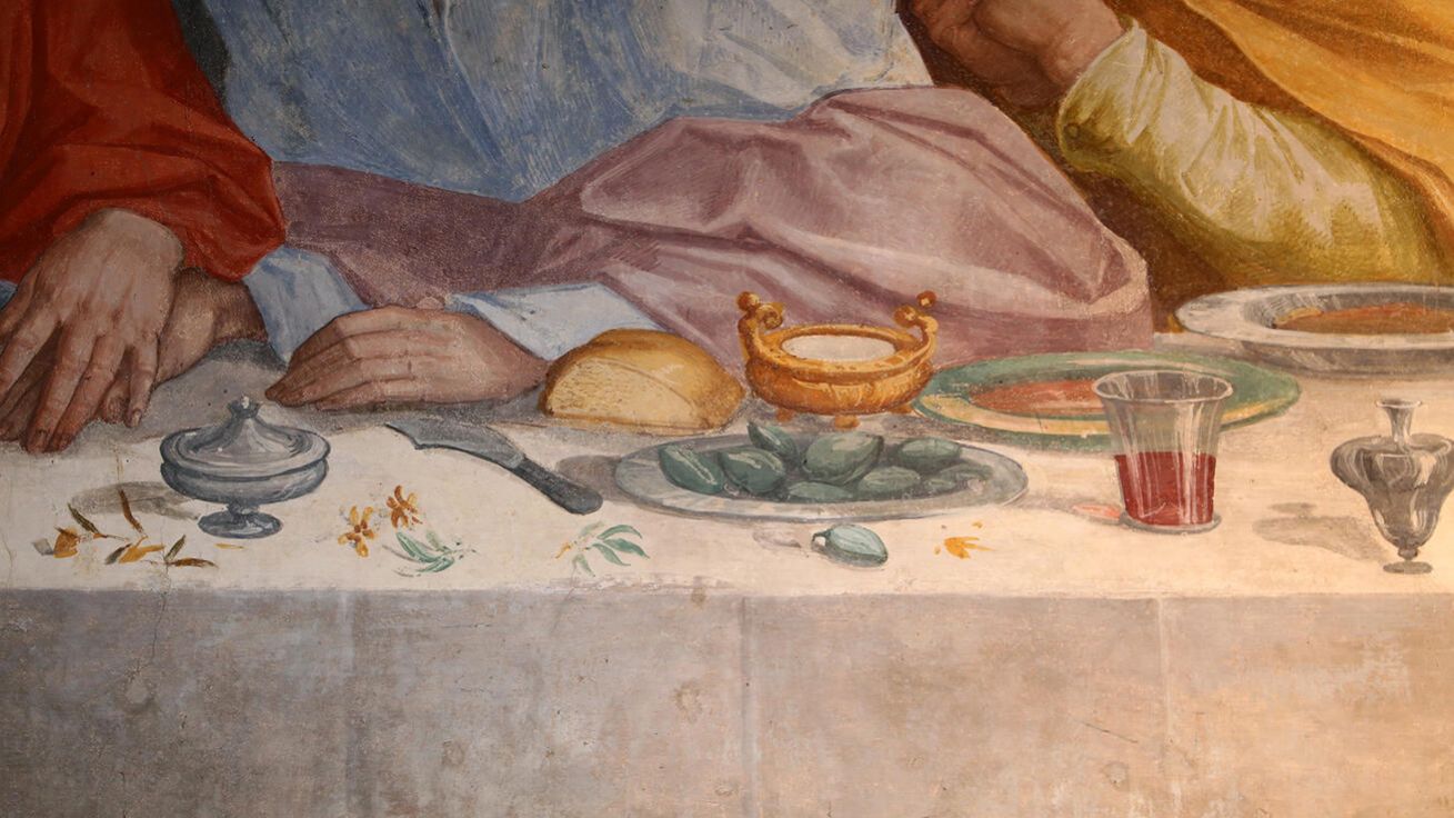 Allesandro Allori (1535–1607): Poslední večeře, detail z nástěnné malby, bazilika Panny Marie Karmelské, Florencie, Itálie. image:Image Allesandro Allori (1535–1607): Poslední večeře, detail z nástěnné malby, bazilika Panny Marie Karmelské, Florencie, Itálie.