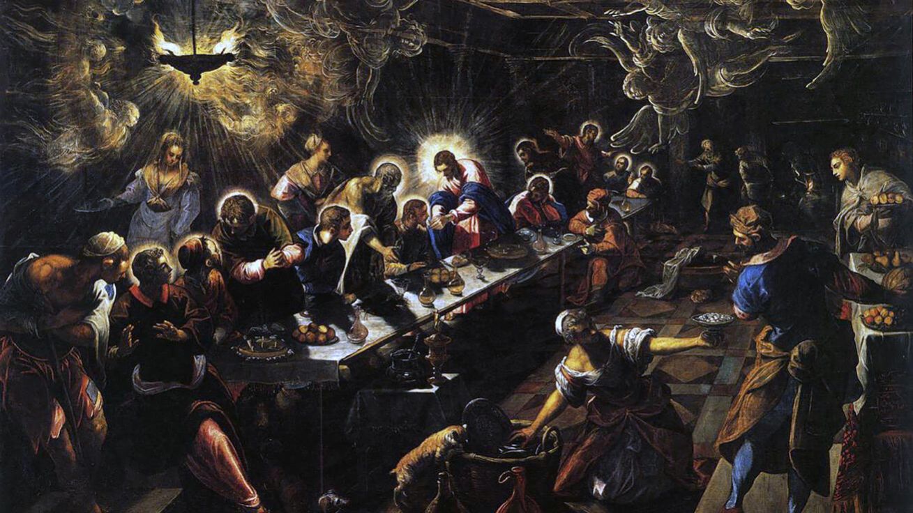image:Image Připomínka Velkého pátku. Tintoretto: Poslední večeře (1592–1594, San Giorgio Maggiore, Benátky). Malíř pojal vyobrazení ne zcela tradičně, scénu zaplnil nejen apoštoly přijímajícími tělo Páně, ale i sloužícími a slétajícími se anděly, a to vše v mihotavém světle lamp i nadpozemském světle vycházejícím z Krista.