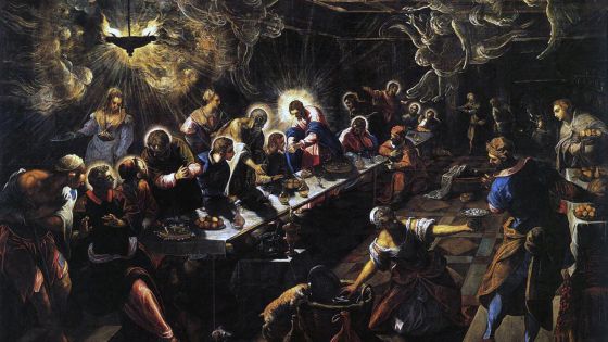 image:Image Připomínka Velkého pátku. Tintoretto: Poslední večeře (1592–1594, San Giorgio Maggiore, Benátky). Malíř pojal vyobrazení ne zcela tradičně, scénu zaplnil nejen apoštoly přijímajícími tělo Páně, ale i sloužícími a slétajícími se anděly, a to vše v mihotavém světle lamp i nadpozemském světle vycházejícím z Krista.