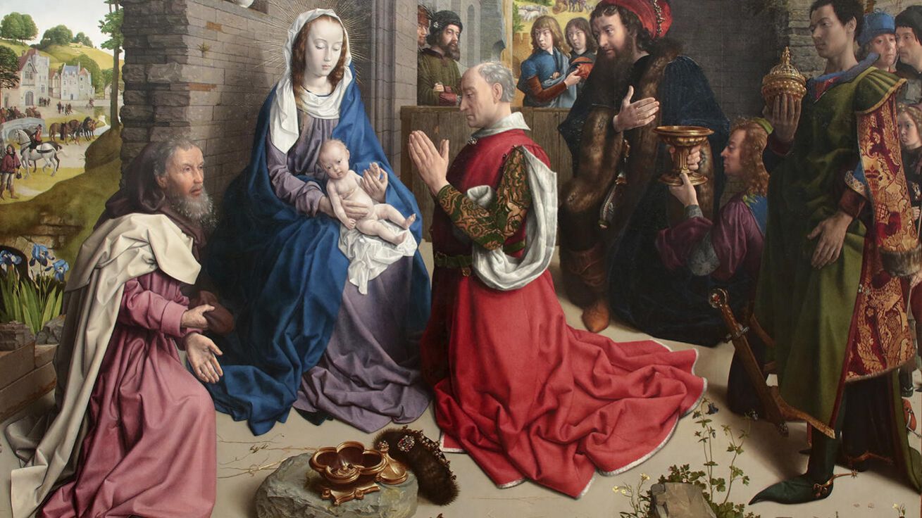 image:Image Hugo van der Goes (kol. 1440–1482): Klanění tří králů (olej na desce, kol. 1470, Obrazová galerie v Berlíně, Německo).