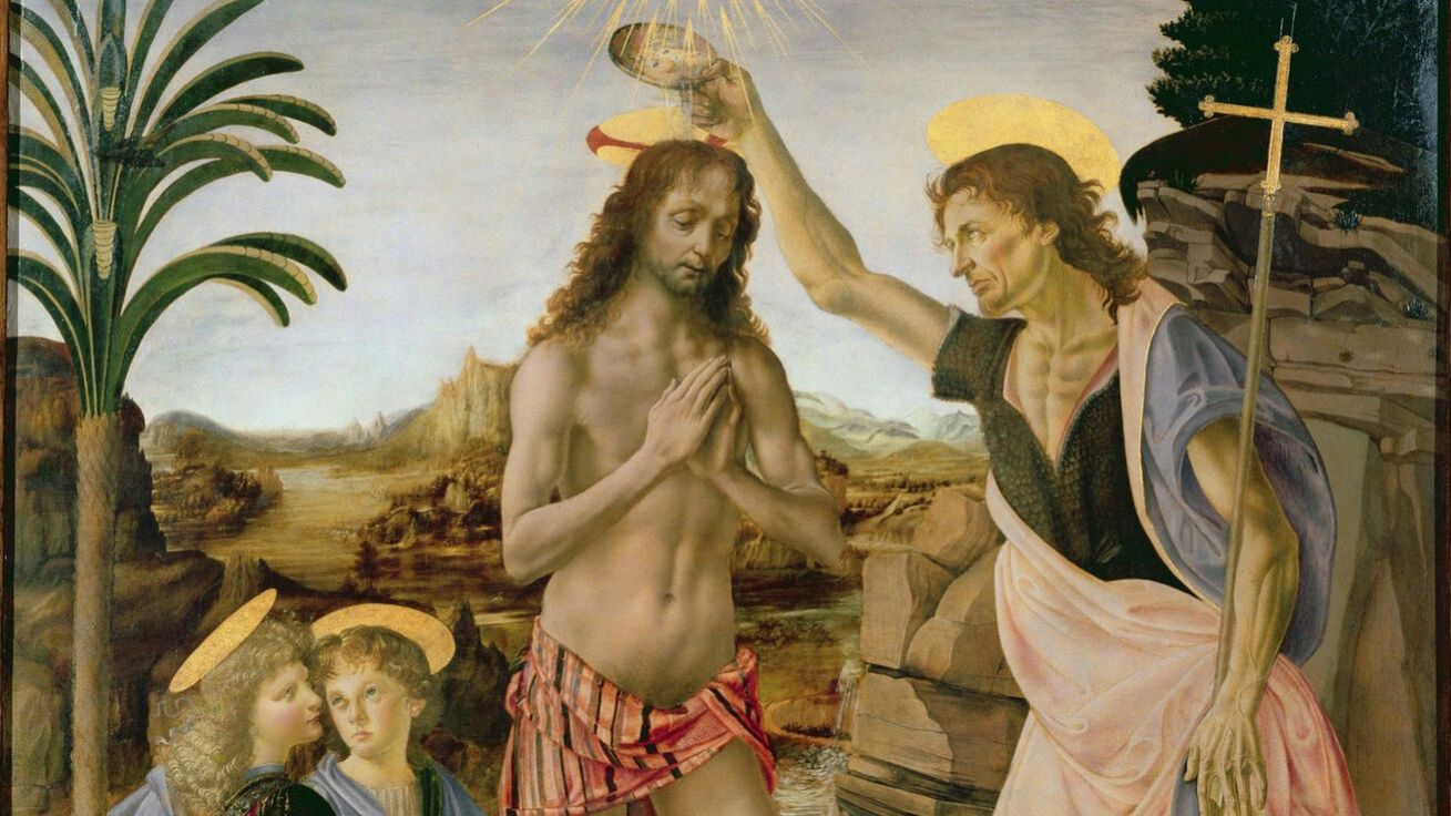 Andrea del Verrocchio, Leonardo da Vinci: Křest Krista (1472–1475, Galerie Uffizi, Florencie). image:Image Andrea del Verrocchio, Leonardo da Vinci: Křest Krista (1472–1475, Galerie Uffizi, Florencie).