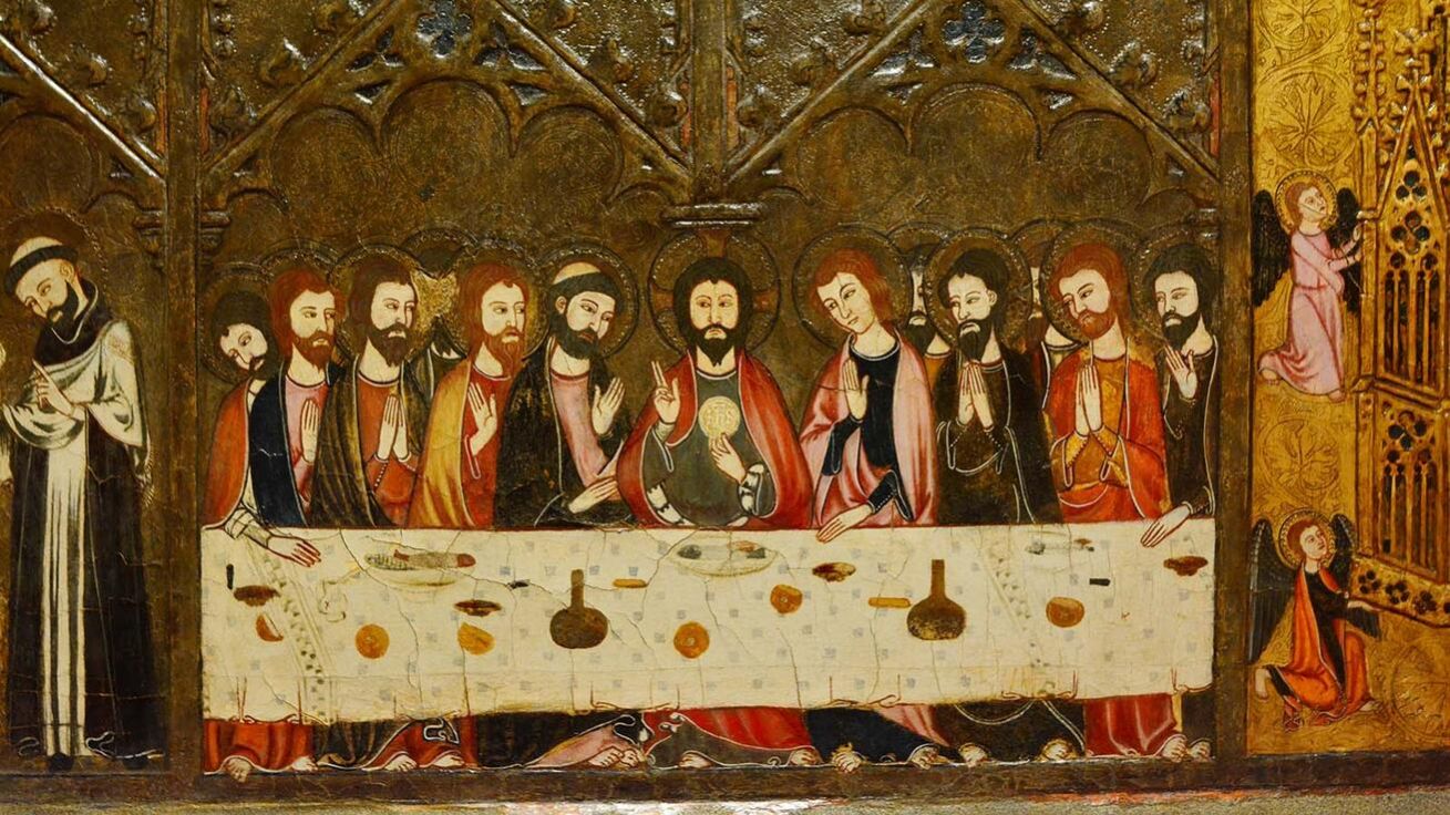 image:Image Guillem Seguer: Kristus se svými učedníky při slavení poslední večeře (detail, retabulum z klášterního kostela Panny Marie ve Vallboně, 1335 až 1345, Národní muzeum katalánského umění, Barcelona, Španělsko)