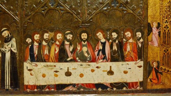 image:Image Guillem Seguer: Kristus se svými učedníky při slavení poslední večeře (detail, retabulum z klášterního kostela Panny Marie ve Vallboně, 1335 až 1345, Národní muzeum katalánského umění, Barcelona, Španělsko)
