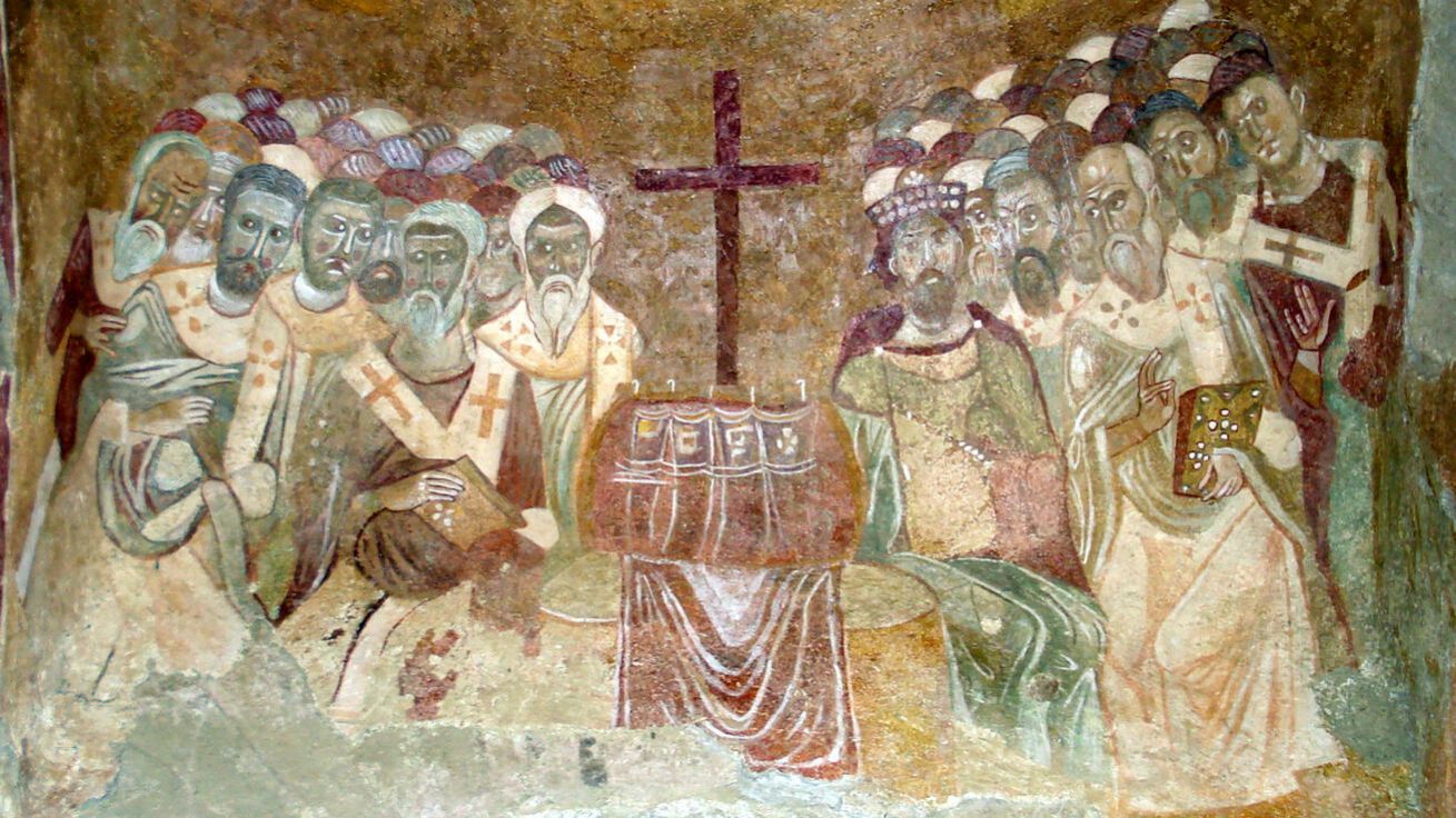 image:Image Zobrazení účastníků koncilu na nástěnné malbě z kostela sv. Mikuláše v Demre (dnes jižní Turecko), kol. 12. stol.