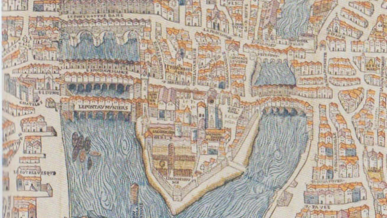 image:Image V knize najdeme mapu centra Paříže z roku 1550 nebo dobová zachycení katedrály, jako zde na obrazech z 15.a 19. století (korunovace Napoleona), ale třeba i v ilustraci ze sci-firománu z roku 1883.