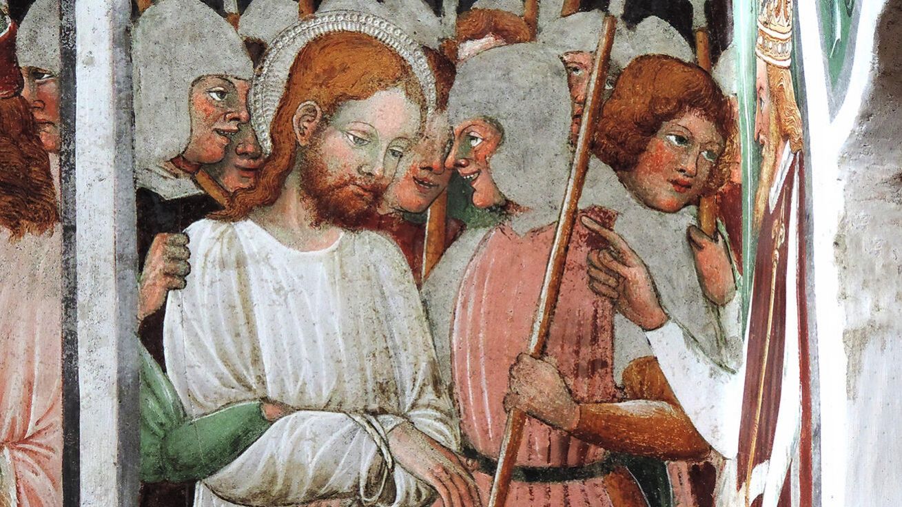 image:Image Ježíš před Herodem: cyklus nástěnných maleb o životě Ježíše Krista, detail, druhá pol. 15. stol., Oratorio dei Disciplini, Clusone, Lombardie, Itálie.
