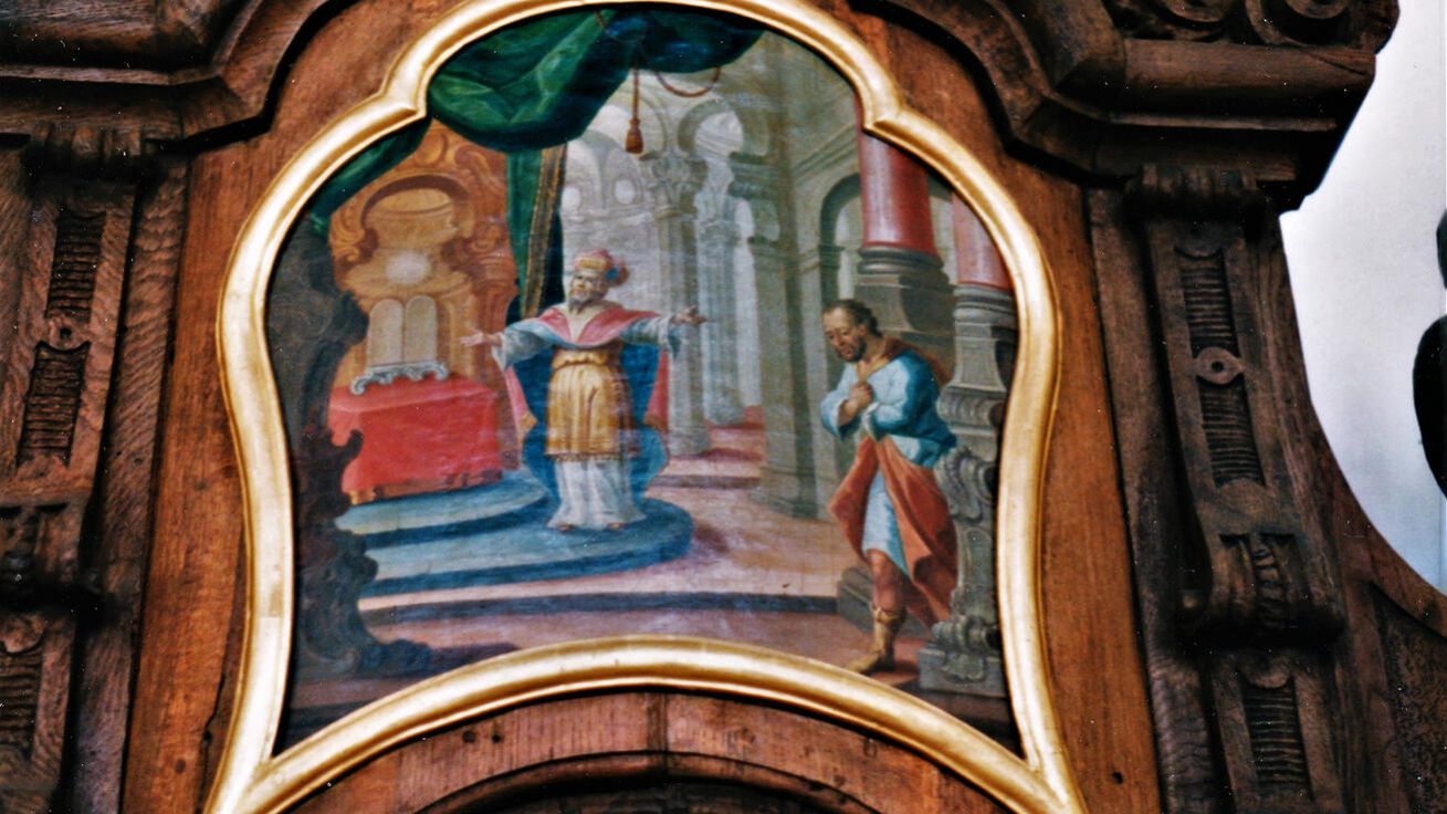 Podobenství o farizeovi a celníkovi z poutního kostela v německém Wiesu (kol. 1754). image:Image Podobenství o farizeovi a celníkovi z poutního kostela v německém Wiesu (kol. 1754).