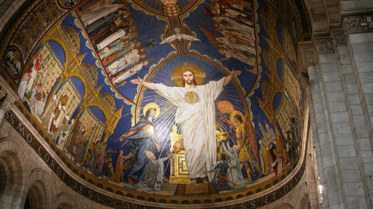 image:Image Monumentální mozaika v apsidě pařížské baziliky Sacré-Coeur (Nejsvětějšího Srdce Páně). Výstavba tohoto chrámu byla z větší části financována národní sbírkou. Už více než sto let v něm probíhá nepřerušená eucharistická adorace.