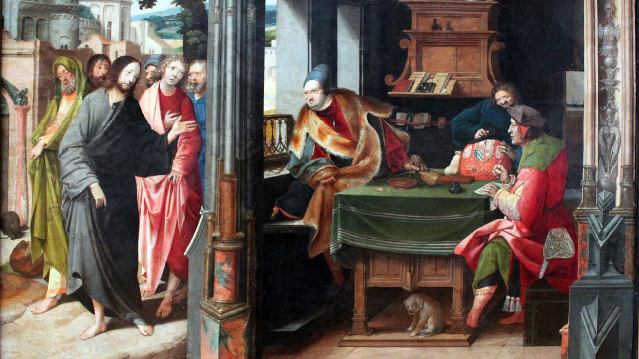 image:Image Cornelis Engelbrechtsz (1462–1527): Povolání svatého Matouše (malba na desce, kol. 1549, Obrazová galerie v Berlíně, Německo).