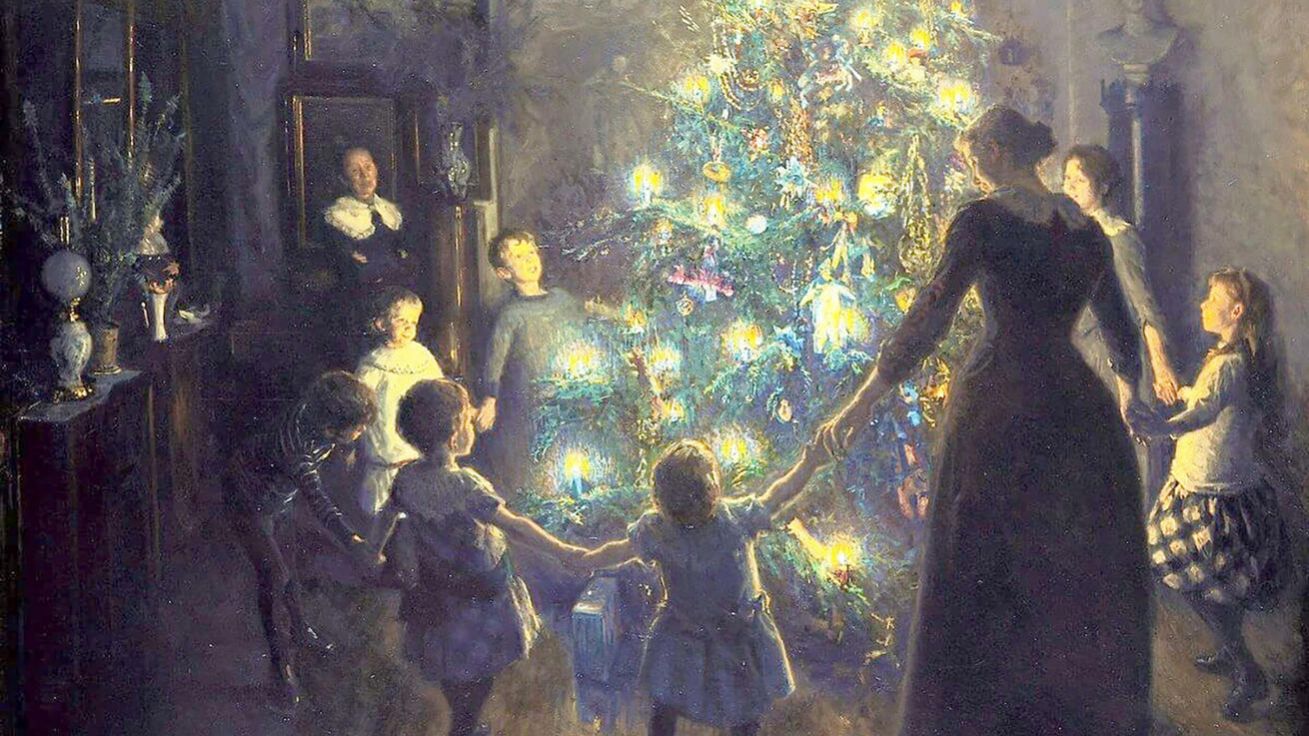 image:Image Malba Radostné Vánoce z roku 1891 od dánského malíře Vigga Johansena zachycuje jeho rodinu, jak zpívá a tančí kolem vánočního stromku.