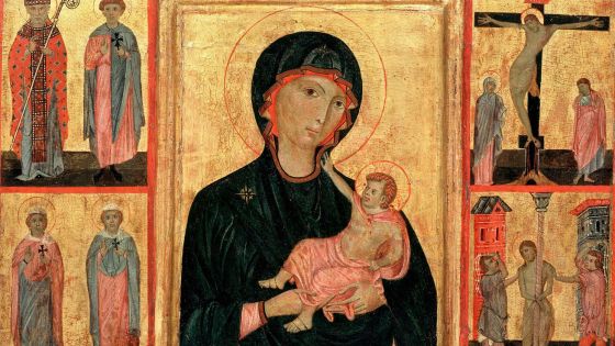 image:Image Grifo di Tancredi (1250–1315): Panna Maria s Ježíškem, světci a dvěma scénami z Ježíšových pašijí (triptych, mezi 1300 a 1305, tempera na desce, Obrazová galerie v Berlíně, Německo).