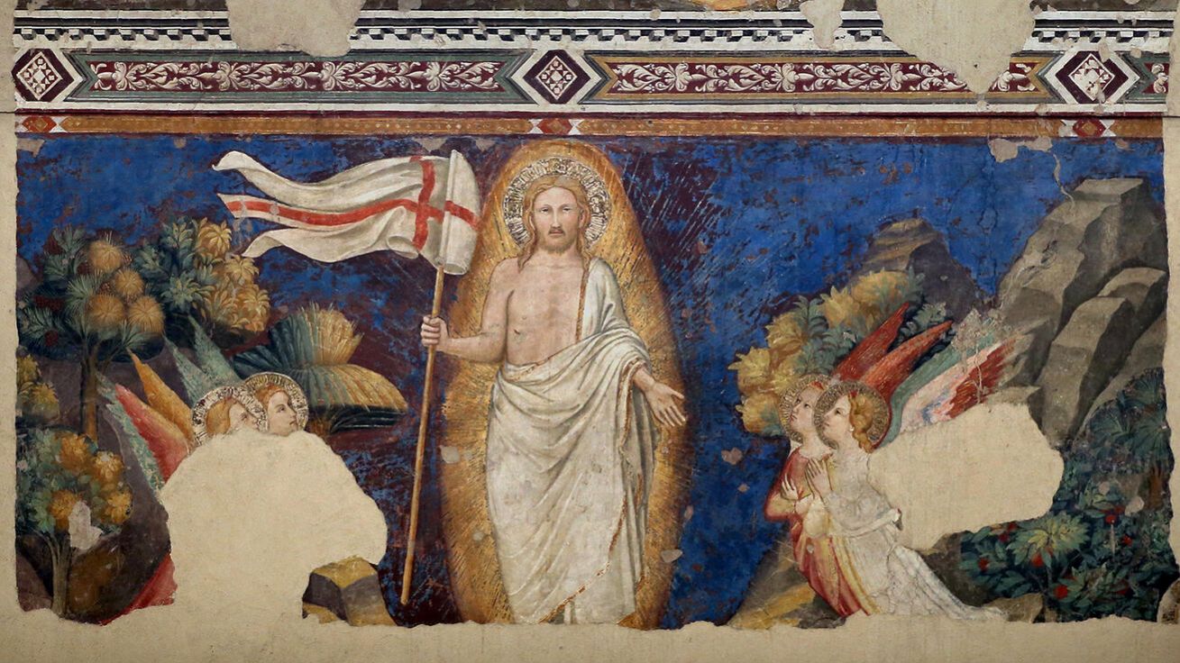 image:Image Andrea Bonaiuti (případně i Pietro Nelli): Vzkříšený Kristus (nástěnná malba, 14. st., kostel Všech svatých, Florencie, Itálie).