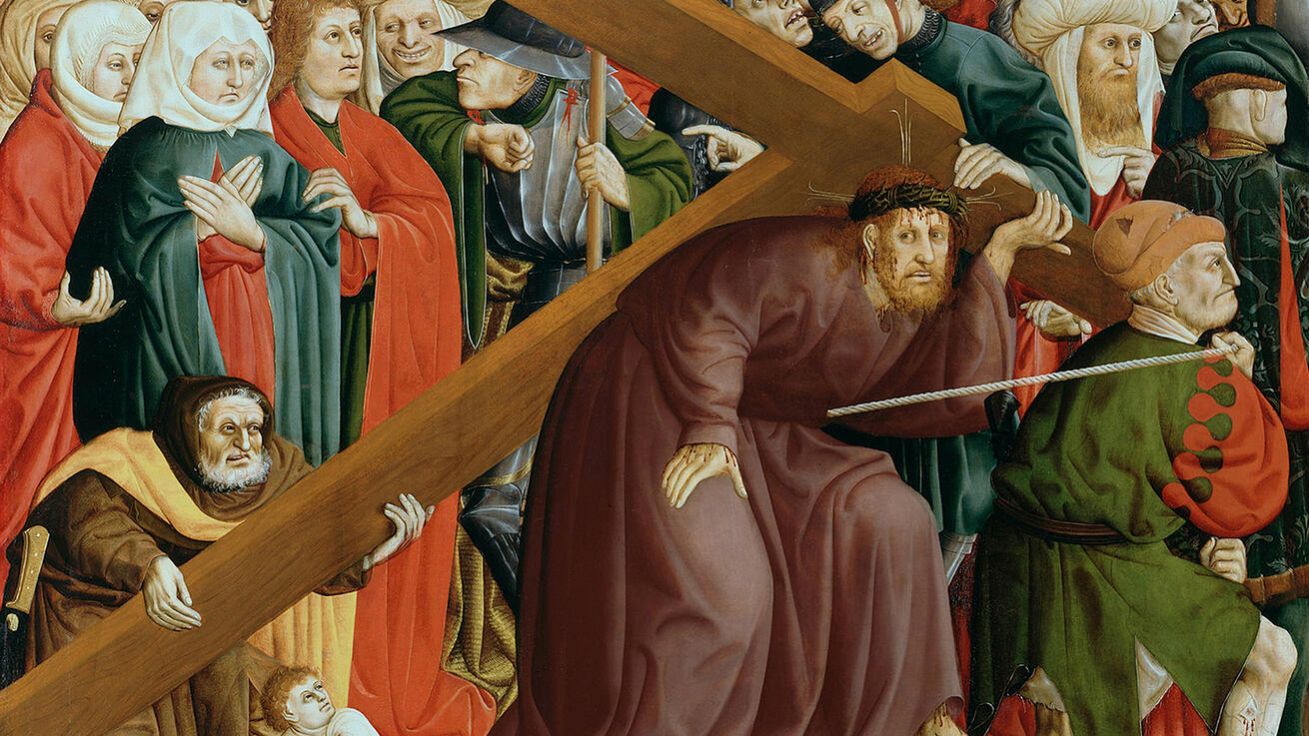image:Image Hans Multscher (1400–1467): Kristus nesoucí kříž (olej na desce, 1437, Wurzachův oltář, Obrazová galerie v Berlíně, Německo).