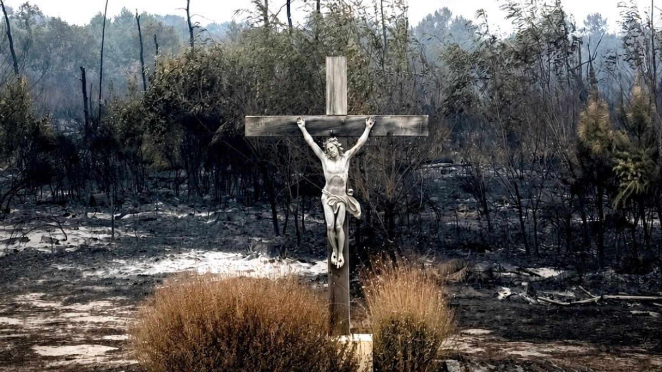 image:Image Kříž, který přečkal lesní požár ve francouzském Gironde, se stal symbolem naděje.