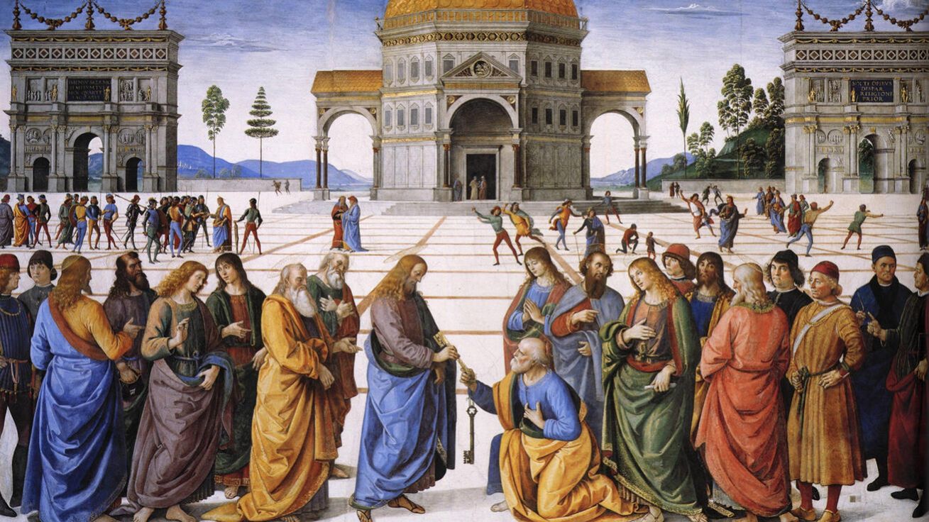 image:Image Pietro Perugino (1450–1523): Kristus předává Petrovi klíče (nástěnná malba, kol. 1481, Sixtinská kaple, Řím).