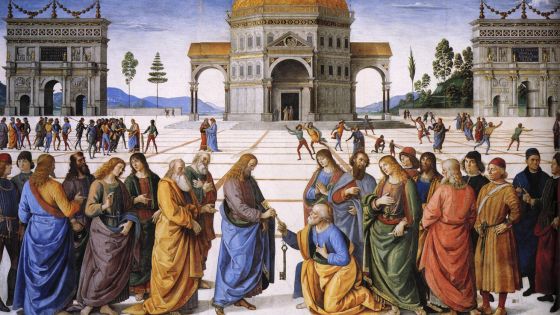 image:Image Pietro Perugino (1450–1523): Kristus předává Petrovi klíče (nástěnná malba, kol. 1481, Sixtinská kaple, Řím).