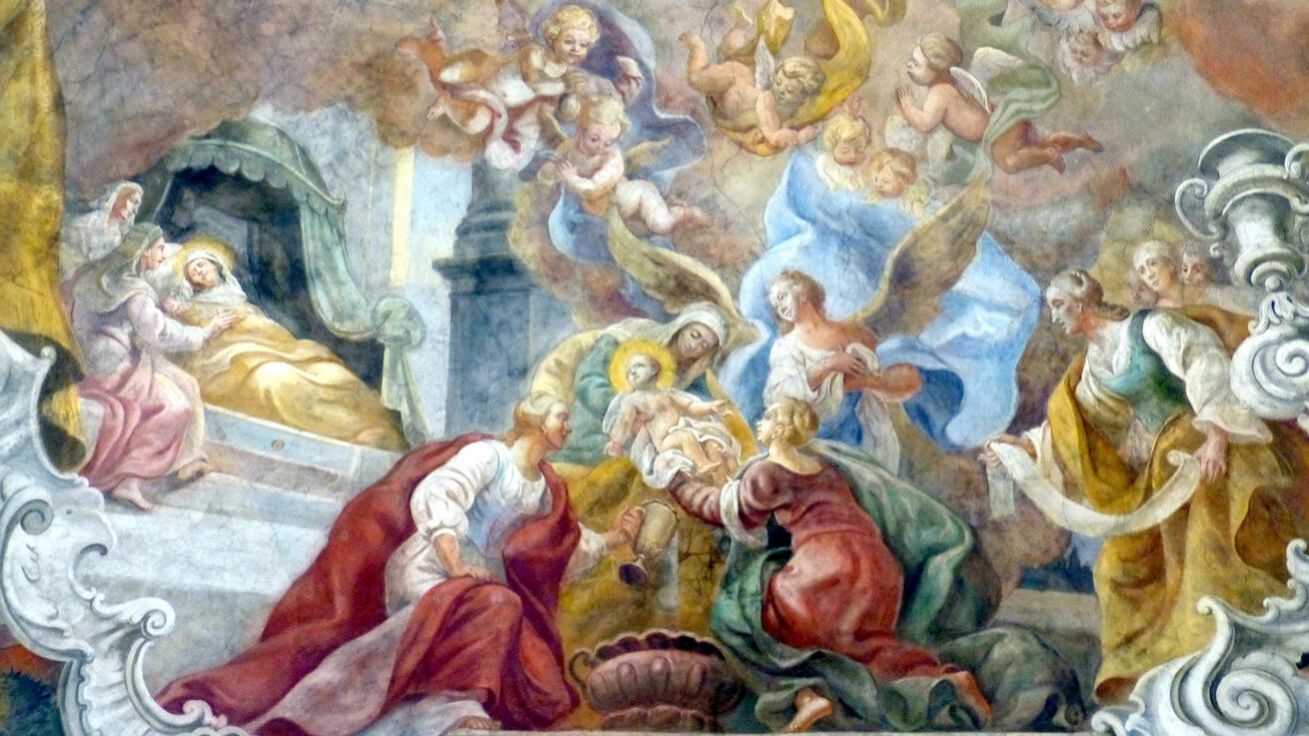 image:Image Narození Panny Marie na detailu nástěnné malby ve farním kostele v rakouském Waidhofenu a. d. Thaya.